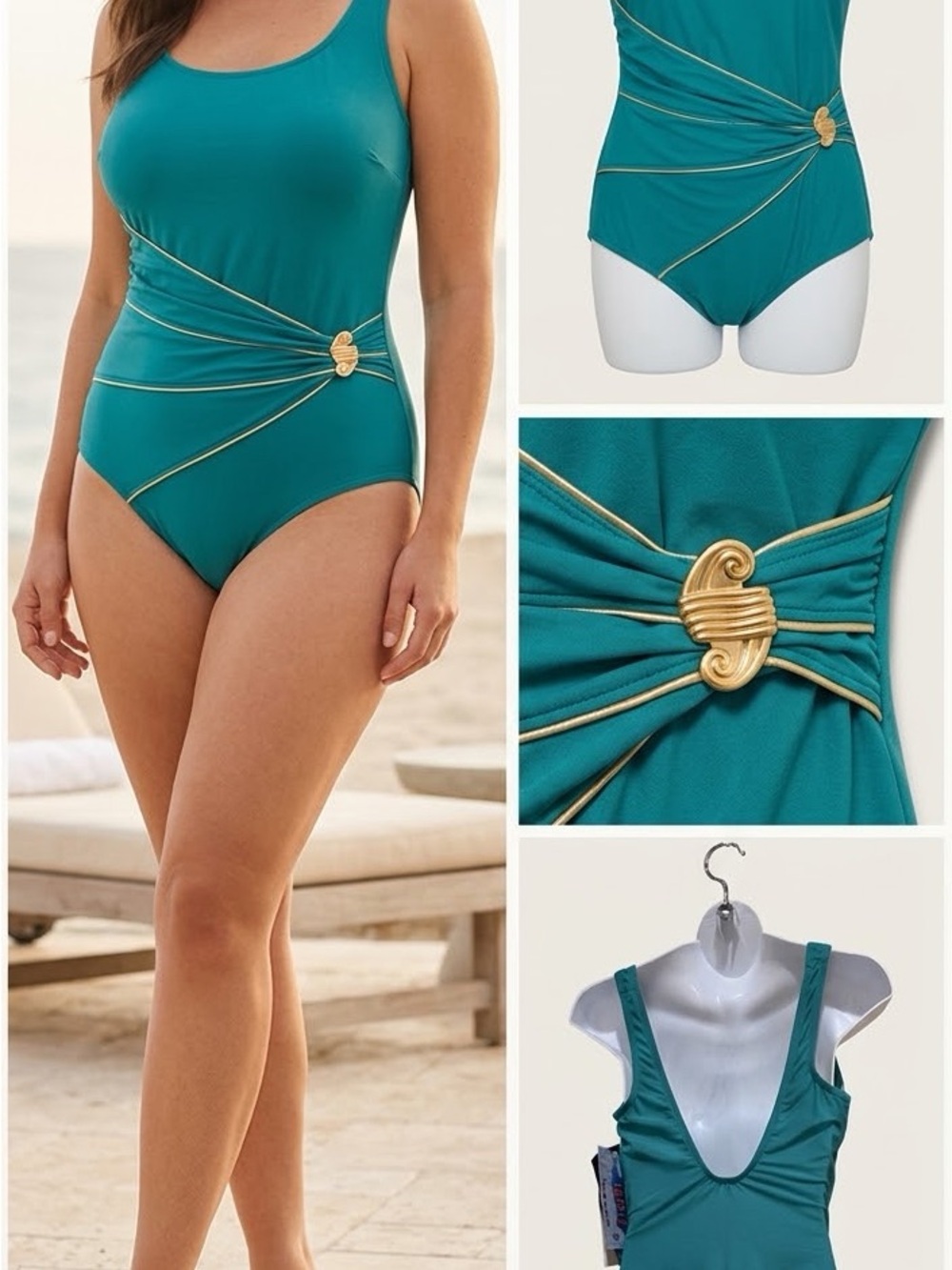 NWT Roxanne Bra Sized Swimwear Teal Gold Accordion Accent One Piece 36DD